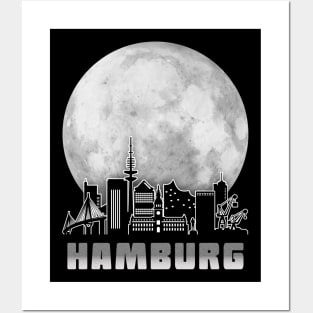 Hamburg Germany Skyline Full Moon Posters and Art